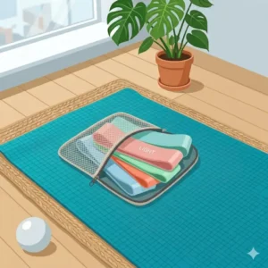 A compact carrying pouch containing folded light exercise bands highlighting their travel-friendly design.
