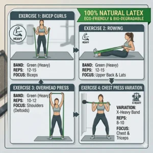 Demonstration of upper body strength training routines with natural latex resistance bands.