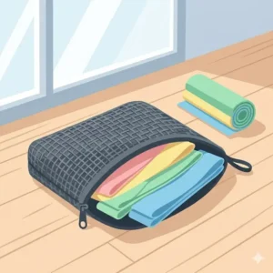 An illustration showing how easy it is to pack light resistance bands into a small travel carrying bag.