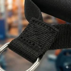 High-density nylon webbing and reinforced stitching on heavy-duty exercise tubing handles.