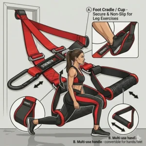 Illustration of a person performing a suspended lunge with their foot placed in the handle of workout straps with handles.