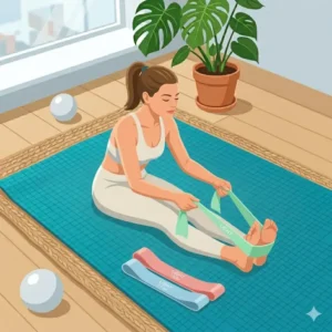 Illustration of a fitness enthusiast using light exercise bands to assist in a seated hamstring stretch.