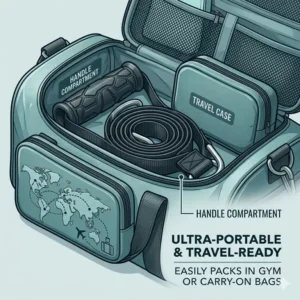 Illustration of lightweight and compact exercise strap handles packed inside a travel gym bag.