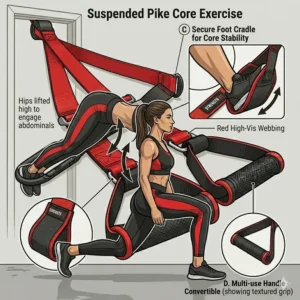 A fitness enthusiast performing a suspended pike using workout straps with handles to engage core muscles.