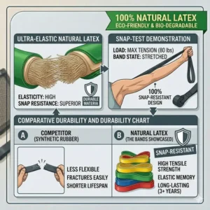 Snap-resistance and durability test of premium quality natural latex resistance bands.