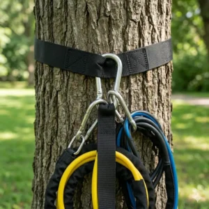 Heavy-duty outdoor anchor strap for resistance tube accessories wrapped securely around a tree trunk.