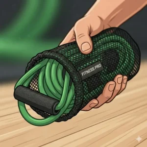 A portable green resistance tube neatly packed in its compact mesh carry bag for travel.