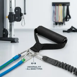 Demonstration of the universal fit compatibility of exercise tubing handles with various resistance bands.