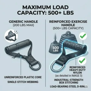 Infographic displaying the 500lbs maximum load capacity and safety testing of exercise strap handles.