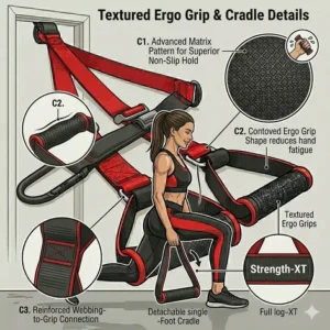 Compact workout straps with handles folded neatly into a travel-friendly mesh storage bag.