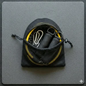 A portable mesh carry bag for organizing and transporting all your resistance tube accessories easily.