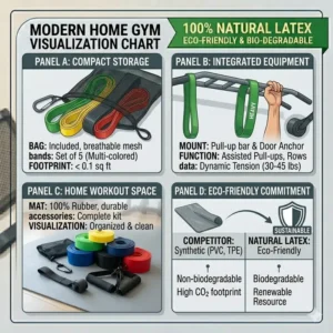 Modern home gym setup featuring organized and versatile natural latex resistance bands.