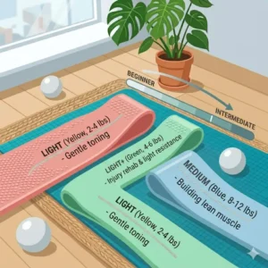 Infographic showing the varying tension levels of light exercise bands for progressive strength training.