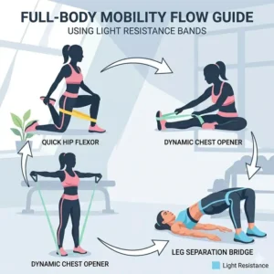 A full-body mobility flow chart demonstrating various stretching poses with light resistance bands.