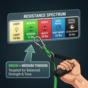 Resistance spectrum chart showing the medium tension level of the green resistance tube.