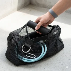 Portable and compact exercise tubing handles stored inside a black mesh travel gym bag.