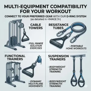 Multi-equipment compatibility guide showing exercise strap handles used with cable towers and resistance bands.
