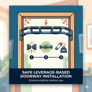 An illustration showing how to safely install a leverage-based workout bar in a door frame.