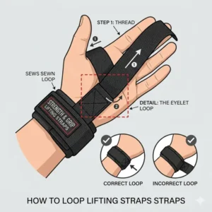 Close-up illustration showing how to correctly thread lifting straps straps to form a secure wrist loop.