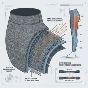 A technical diagram showing the layered fabric construction of modern resistance leggings.