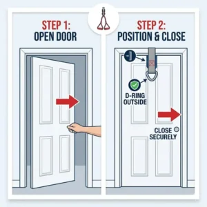 Step-by-step diagram showing how to secure a resistance band door anchor on the hinge side of a door.