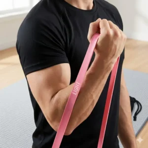 An illustration of a person performing bicep curls using a light resistance exercise band to tone arm muscles.