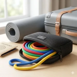 Illustration of a compact set of lightweight resistance bands folded neatly inside a small mesh travel carrying bag.