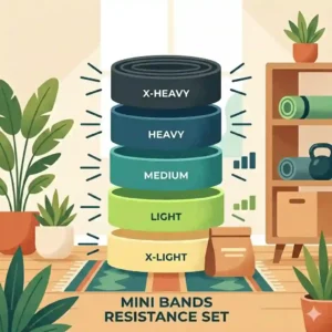 2. A set of five colorful latex mini bands stacked neatly from light to extra heavy resistance levels.