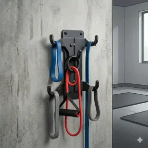 Diagram showing the space-saving benefits of using a resistance band wall mount in a small room.
