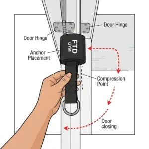 Illustration guide on how to properly install a stretch band door anchor at the hinge side of a door.