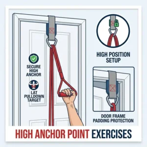 Illustration of a resistance band door anchor positioned at the top of the frame for lat pulldowns.