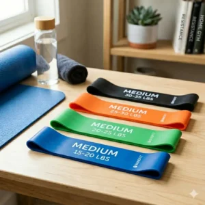 A person doing glute bridges with medium exercise bands for lower body resistance.