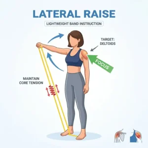 Vector diagram showing the correct form for a lateral shoulder raise using a yellow lightweight resistance band.