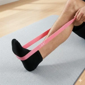 A person using a light resistance exercise band for gentle leg stretches during a physical therapy session.