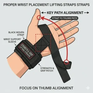 Graphic tutorial displaying the correct wrist placement for gym lifting straps straps before gripping a barbell.