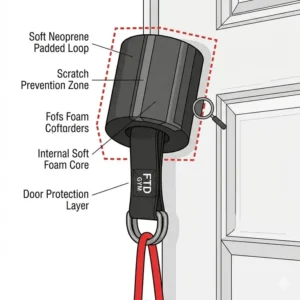 Detailed view of the soft padding on a stretch band door anchor designed to protect door surfaces.