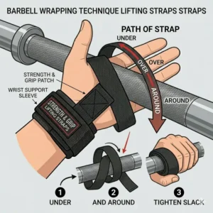 Step-by-step diagram illustrating how to wrap weightlifting lifting straps straps under and around a workout bar.