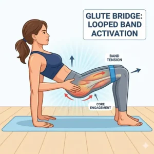 An illustration of an athlete performing a glute bridge with lightweight resistance bands looped just above the knees for added tension.