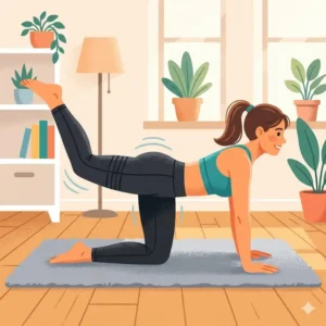 A person practicing lunges at home in a living room setting wearing resistance leggings.