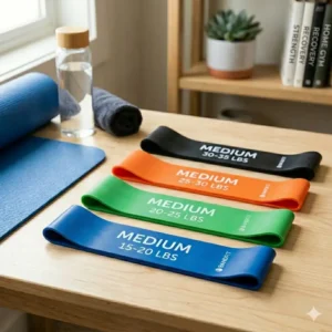 Travel-friendly medium exercise bands neatly packed in a gym bag.