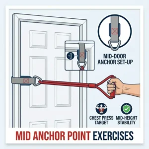 Mid-height resistance band door anchor setup for standing chest press and rows.