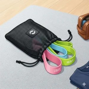 Light resistance exercise bands folded neatly into a compact travel pouch, highlighting their portability for home or gym use.