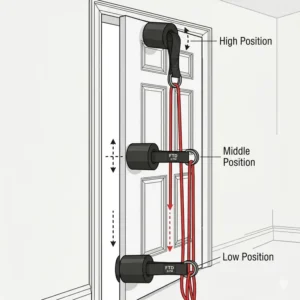 Diagram displaying the high, middle, and low positioning options for a stretch band door anchor.