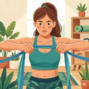 4. A close-up of a person pulling a mini bands apart with their hands at chest level to activate upper back muscles.