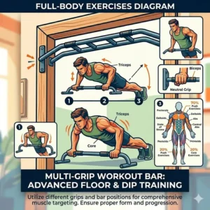 Infographic illustration highlighting different muscle groups targeted by a multi-grip workout bar.