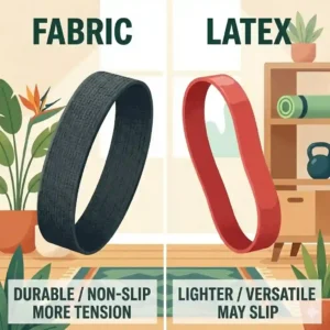 5. A side-by-side comparison illustrating a thick grey fabric mini bands and a thin red latex mini bands on a wooden floor.
