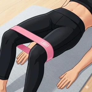 Illustration showing a glute bridge exercise with a light resistance band placed above the knees for hip activation.