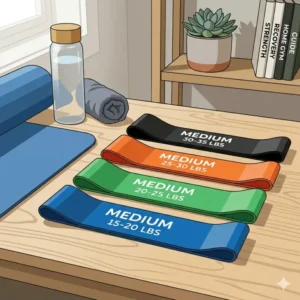 Using medium exercise bands for shoulder mobility and physical therapy stretches.