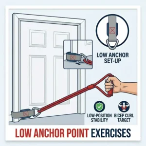Resistance band door anchor placed at the bottom of the door for bicep curls and upward rows.