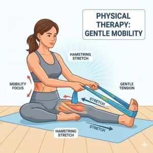 Minimalist illustration of a person seated on a yoga mat using lightweight resistance bands for gentle hamstring stretching and mobility.